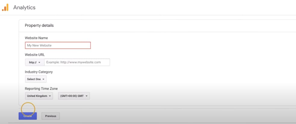 google web analytics - Adding details for your property.
